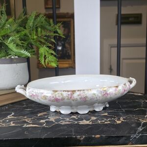 Antique L.S. & S. Limoges France Footed Serving Bowl Pink Roses Gold Gilt